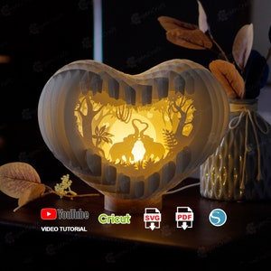 Carte pop-up 3D éléphant coeur d'amour, boîte lumineuse PDF, modèle SVG, découpe de papier coeur, éclairage 3D - globe popup, papier lampe ombre