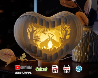 Elephant Love Heart 3D Pop-up Card Light Box PDF, SVG Template Paper Cutting, 3D Heart Lighting - Globe Popup, Lamp Paper Shadow Papercut