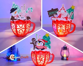 Plantillas SVG de faroles navideños: muñeco de nieve, Papá Noel y pingüino (PDF, SVG, Studio)