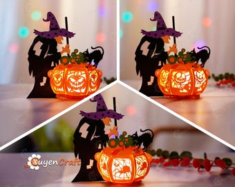 Witch Pumpkin Lantern Papercraft Templates, Halloween Decoration (PDF, SVG)