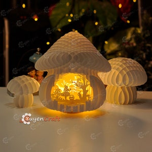 Alice in Mushroom House Pop Up SVG voor Cricut Projecten Papercut Template, Paper Lantern DIY Shadow Box, Lightbox cut bestanden 3D Papercraft