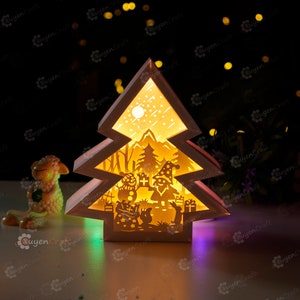 Snowman and Santa In Christmas Tree Shadow Box Christmas Lanterns Decoration, 3D layered Paper Cut Lamp - Lightbox SVG for Cricut Projects
