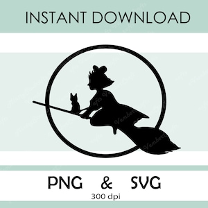 KIKI Witch Cartoon - PNG SVG, Sticker, Printable, Black Cat and Witch Clipart, Cricut