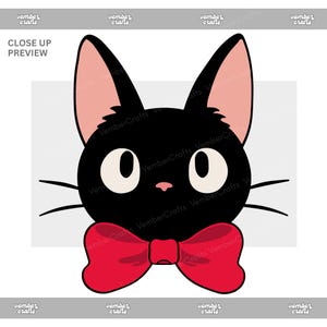 May include: A cartoon illustration of a black cat's face, featuring large white eyes, pink ears, and a red bow tie. The image includes the text "CLOSE UP PREVIEW". The cat has whiskers and a small pink nose.