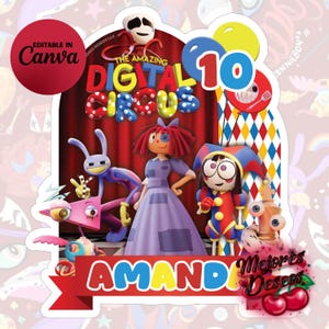 Pode incluir: Um topo de bolo com os personagens de The Amazing Digital Circus, incluindo um coelho roxo, uma boneca com vestido roxo, um bobo da corte e uma peça de xadrez. O design inclui o número 10, o nome AMANDA e um fundo de cortina vermelha.