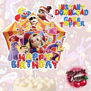 Peut inclure: Une décoration de gâteau présentant une illustration colorée sur le thème du cirque avec divers personnages de dessins animés, dont un bouffon, une poupée et un lapin. Le texte "HAPPY BIRTHDAY" est écrit en grandes lettres à pois multicolores.
