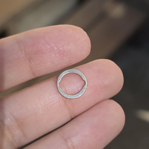 May include: A small, circular, silver-colored metal washer with a thin, flat profile. The washer features a distinct inner edge with two small, symmetrical protrusions extending slightly into the center hole, creating a unique shape.
