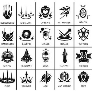 May include: Black and white icons of the different characters from the video game Apex Legends. Each icon is a stylized representation of the character's abilities and personality. The icons are arranged in a grid of five rows and five columns.