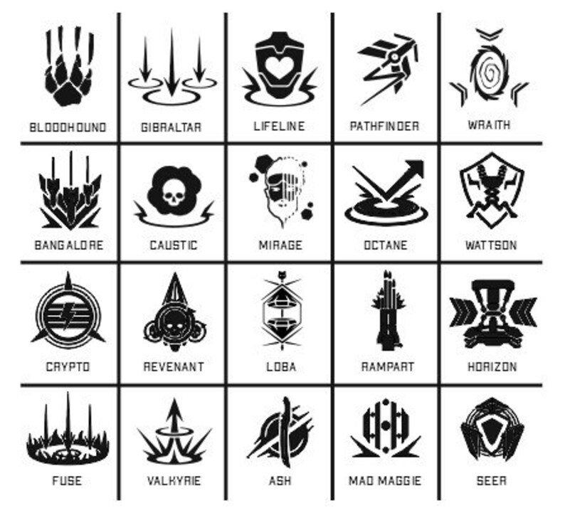 May include: Black and white icons of the different characters from the video game Apex Legends. Each icon is a stylized representation of the character's abilities and personality. The icons are arranged in a grid of five rows and five columns.