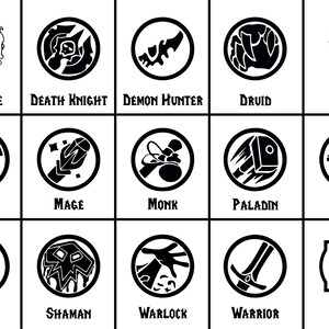 May include: Black and white icons representing the different classes in the World of Warcraft (WoW) video game. The icons are arranged in a grid with the class name below each icon. The classes are: Alliance, Death Knight, Demon Hunter, Druid, Horde, Hunter, Mage, Monk, Paladin, Priest, Rogue, Shaman, Warlock, Warrior, and WoW.