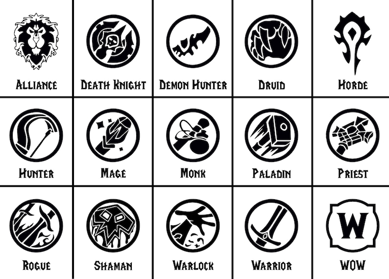 May include: Black and white icons representing the different classes in the World of Warcraft (WoW) video game. The icons are arranged in a grid with the class name below each icon. The classes are: Alliance, Death Knight, Demon Hunter, Druid, Horde, Hunter, Mage, Monk, Paladin, Priest, Rogue, Shaman, Warlock, Warrior, and WoW.