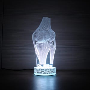 Peut inclure: Une veilleuse anatomique de genou en 3D imprimée en blanc avec une base texturée. La base porte l'inscription "Dr. Miller".