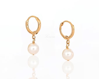 Pearl Hoop Earrings, Small Pearl Hoops, Gold Mini Hoops with Pearls, 14k Gold Hoop Earrings with Dangles, Bridesmaid Earrings Valentine Gift