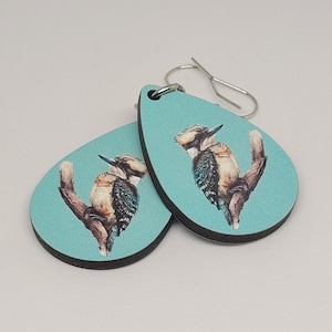Beautiful Australian Kookaburra design on tear drop double-sided earrings, great for all year round, light-weight, sublimation print, wooden