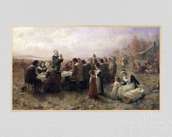 Samsung Frame TV Art Thanksgiving Dinner, Pilgrims, Feast, Gather, Painting, Fall Tv Art, Frame TV Art, Samsung Art TV, Digital Download