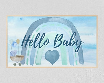 Décoration artistique pour baby shower avec cadre pour téléviseur Samsung | Bonjour petit garçon | Baby shower aquarelle bleu arc-en-ciel | Téléchargement numérique instantané 4K | Sexe révélé
