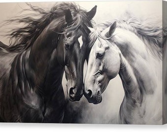 Black and White Horse Art - Equestrian Embrace - Canvas Print