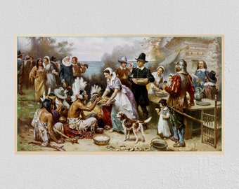 Samsung Frame TV Art Thanksgiving Dinner, Pilgrims, Native Americans, First Thanksgiving, Gather, Painting, Fall Tv Art, Digital Download