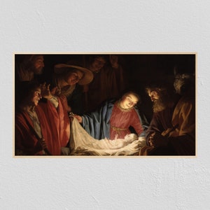 Samsung Frame TV Art Christmas Nativity, Jesus, Painting, Winter, 4K, Manger, Religious, Frame TV Art, Samsung Art TV, Digital Download image 1