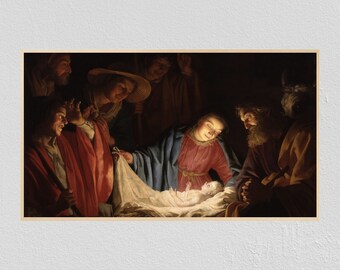 Samsung Frame TV Art Christmas Nativity, Jesus, Painting, Winter, 4K, Manger, Religious, Frame TV Art, Samsung Art TV, Digital Download