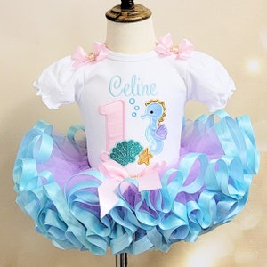Under the Sea Outfit, 1st Birthday Outfit, Embroidery design on a ruffled puff sleeve bodysuit, Customizable, Free Personalization