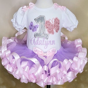 Personalized Butterfly 1st Birthday Outfit – Lavender and Pink Tutu Set for Baby Girls – Custom Name First Birthday Bodysuit with tutu