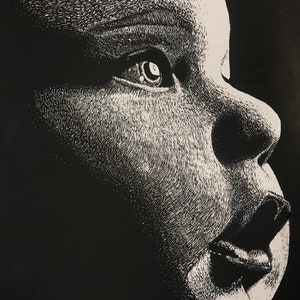 May include: A black and white pen and ink drawing of a baby's face. The baby is looking up and to the right, with its mouth slightly open. The drawing is done in a stippling style, with many small dots creating the image.