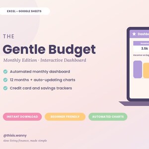 Puede incluir: Un panel de presupuesto digital titulado The Gentle Budget para Excel y Google Sheets. Muestra la pantalla de una computadora portátil con gráficos financieros y un teléfono inteligente con una lista mensual. Incluye gráficos automáticos y rastreadores.