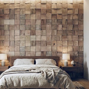 May include: A contemporary bedroom featuring a feature wall made of wooden blocks. A bed with a beige duvet and pillows is positioned in front of the wall. Two bedside tables with lamps are either side of the bed. A rug and curtains complete the room.
