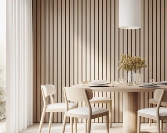 May include: A round wooden dining table with six chairs, a white pendant light, and a vase of flowers. The table is set with plates and glasses. The wall behind the table is made of wood panels.