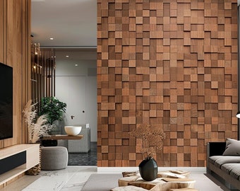 Handcrafted 3D Wooden Cube Mosaic Tile Panels - Rustic Home Decor Wall Art