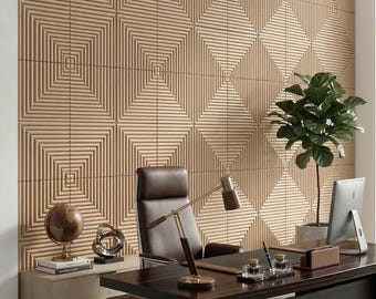 May include: A modern office space featuring a geometric wood panel wall design. A dark wood desk with a leather chair, a desk lamp, and a globe are visible. A potted plant and a computer monitor add a touch of nature.