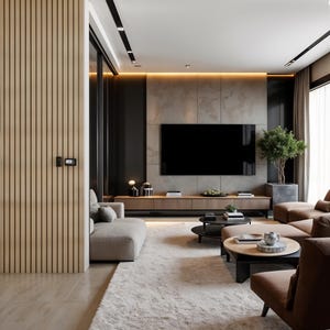 May include: A contemporary living room with a large television mounted on a textured wall. The room features a light-coloured sofa, a plush rug, and wooden accents. Two round coffee tables and a potted plant add to the decor.
