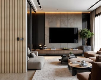 May include: A modern living room with a large flat-screen TV mounted on a textured wall. The room features a light-colored sofa, a plush rug, and wooden accents. Two round coffee tables and a potted plant add to the decor.