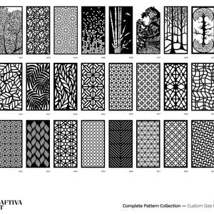 Pu&ograve; includere: Una collezione di schermi per la privacy in bianco e nero con vari motivi decorativi ritagliati. I disegni includono forme geometriche, motivi floreali e scene ispirate alla natura. Il testo "Complete Pattern Collection - Custom Size Privacy Screens" &egrave; in basso.