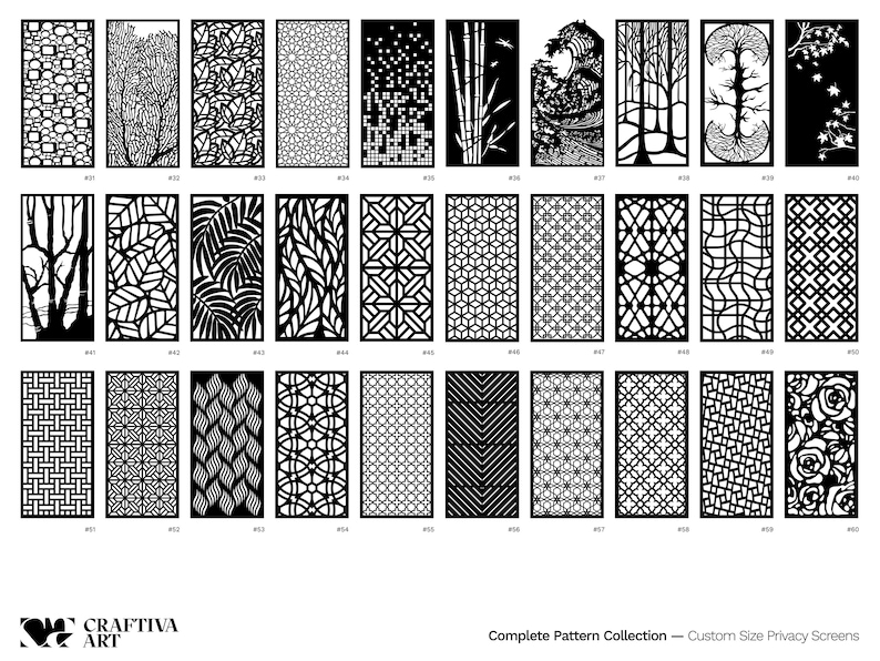 Pu&ograve; includere: Una collezione di schermi per la privacy in bianco e nero con vari motivi decorativi ritagliati. I disegni includono forme geometriche, motivi floreali e scene ispirate alla natura. Il testo "Complete Pattern Collection - Custom Size Privacy Screens" &egrave; in basso.