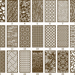 May include: A set of 27 different laser cut designs for decorative screens or panels. The designs are all geometric and feature a variety of patterns, including floral, geometric, and abstract.
