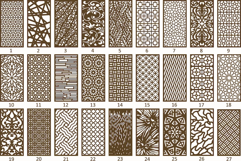 May include: A set of 27 different laser cut designs for decorative screens or panels. The designs are all geometric and feature a variety of patterns, including floral, geometric, and abstract.