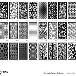 Pu&ograve; includere: Una collezione di pannelli per la privacy neri tagliati al laser con vari motivi decorativi. I disegni includono forme geometriche, motivi floreali e sagome di alberi. Gli schermi sono rettangolari e visualizzati su sfondo bianco. Il testo recita "Complete Pattern Collection - Custom Size Privacy Screens".