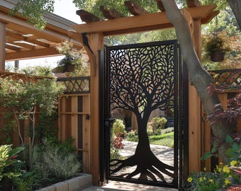 May include: A black metal garden gate with a tree design, set within a wooden arbor. The gate's intricate cut-out pattern depicts a tree with roots and branches. The surrounding area includes a stone walkway, lush greenery, and a wooden fence.
