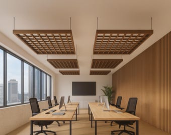Solid Oak Wood Ceiling Panels – Modern Grid Design, 7 Color Options, For Commercial spaces