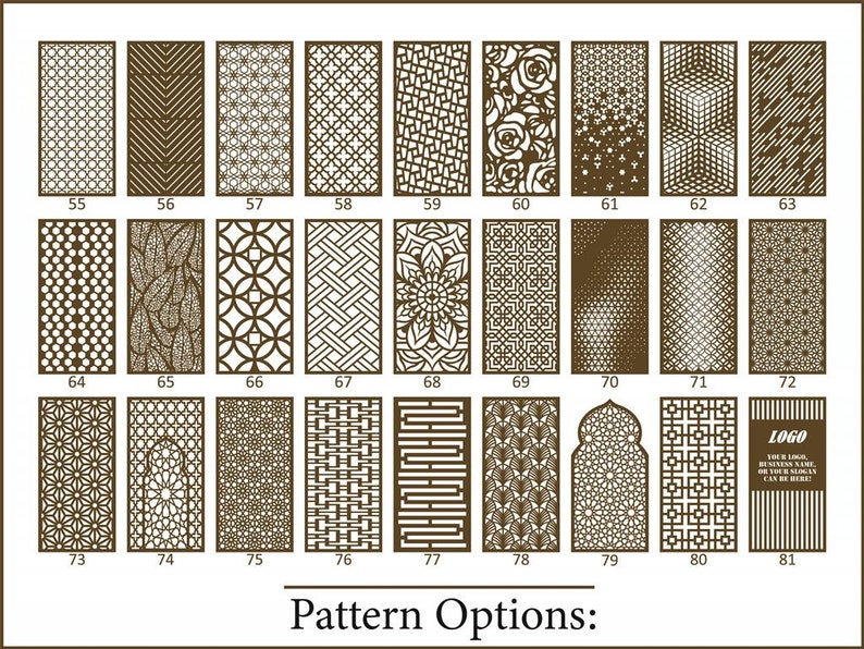 pattern options to customize your room divider panel, modern, intricate, leaf, geometric, moroccan, floral