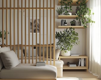 Red Oak Wood Slat Room Divider: Modern Partition Wall