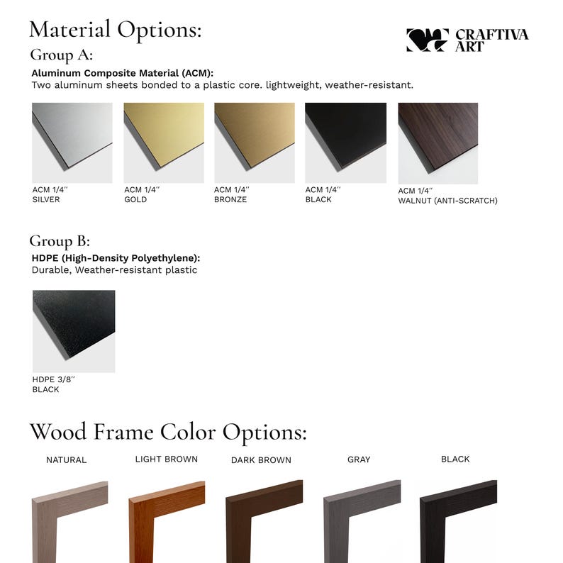 Pu&ograve; includere: Immagine che mostra opzioni di materiali e colori di cornici in legno per opere d'arte. Le opzioni di materiali includono argento, oro, bronzo, nero e noce. I colori delle cornici in legno sono naturale, marrone chiaro, marrone scuro, grigio e nero. Testo: "Material Options" e "CRAFTIVA ART".