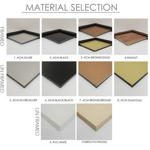 Könnte beinhalten: Eine Auswahl von 10 verschiedenen Materialien für die Rahmung von Kunstwerken, darunter ACM Silber, Schwarz, Bronze, Gold, Walnuss, Birkenholz und PVC Weiß. Die Materialien werden sowohl gerahmt als auch ungerahmt gezeigt.
