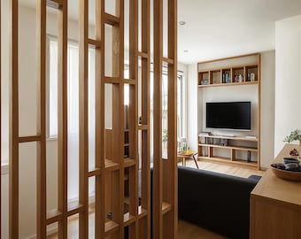 Solid Red Oak Wood Slat Room Divider Modern Open Space Partition
