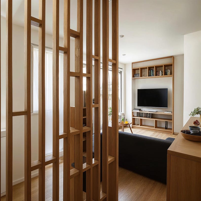 Modern living room with a wooden slatted partition, built-in shelving, a mounted TV, and minimalist decor in a bright, open space.