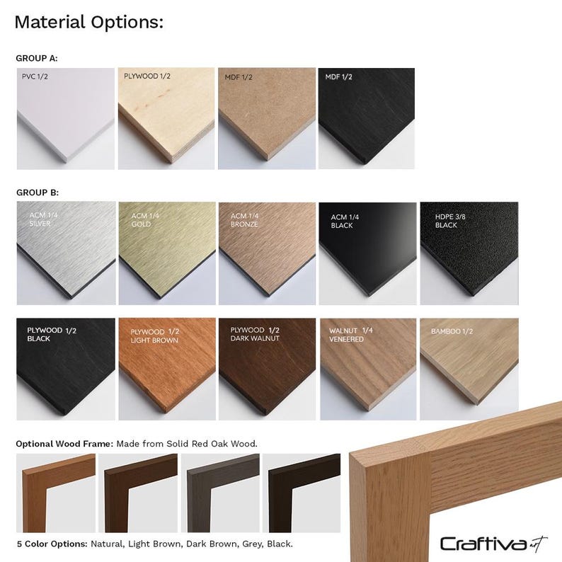 Material options for custom panels in various colors, woods, and finishes, plus five frame color choices in solid red oak wood