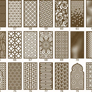 May include: A set of 81 different laser cut screen designs. The designs are all in a brown color and are arranged in a grid pattern. The designs are all different and include geometric shapes, floral patterns, and abstract designs.