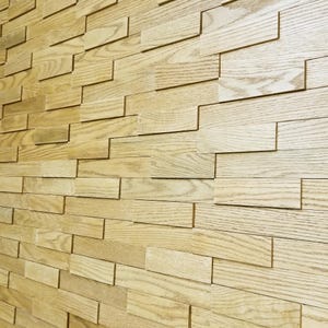 Acoustic Wooden Wall Tiles in various colors, showcasing the 3D brick layout design made from solid wood, perfect for enhancing sound quality in any space.